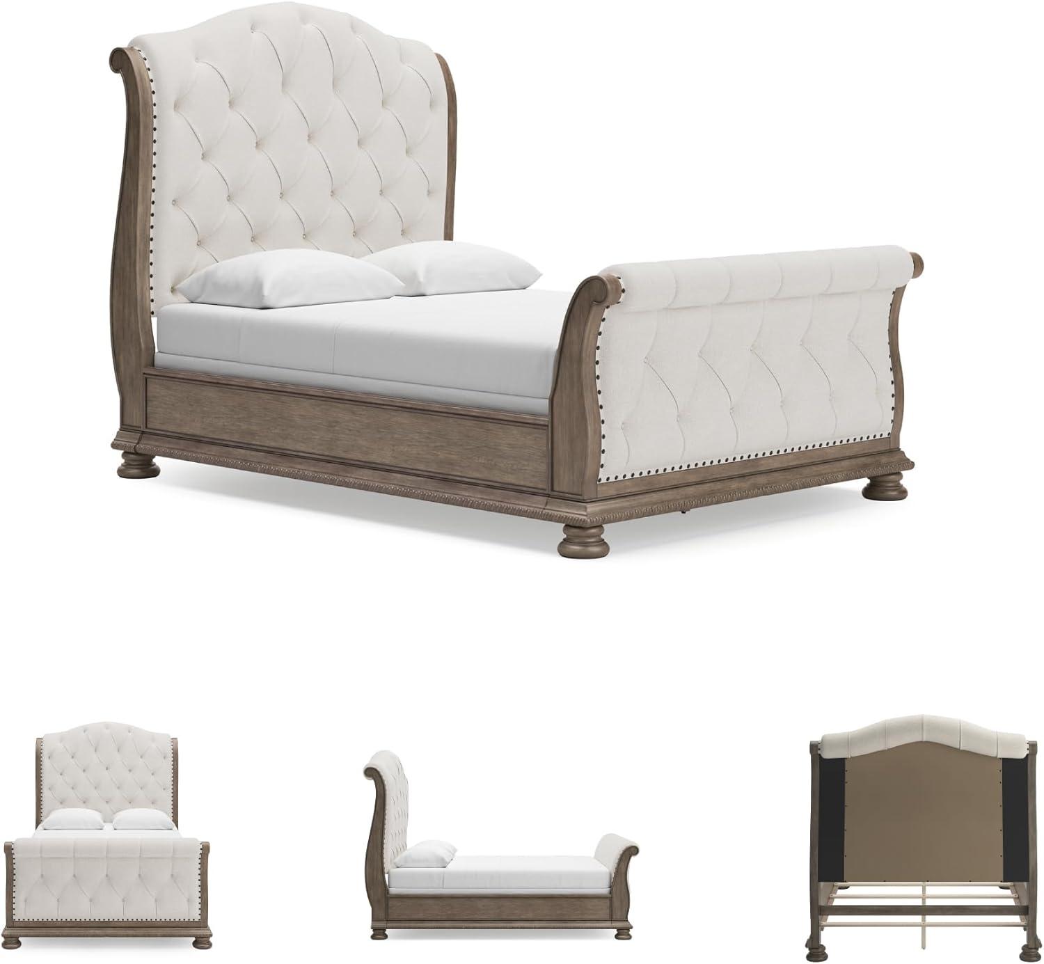 imageSignature Design by Ashley Ardenfield Traditional Tufted King Upholstered Sleigh Bed Foundation or Box Spring Needed Light Brown amp WhiteQueen