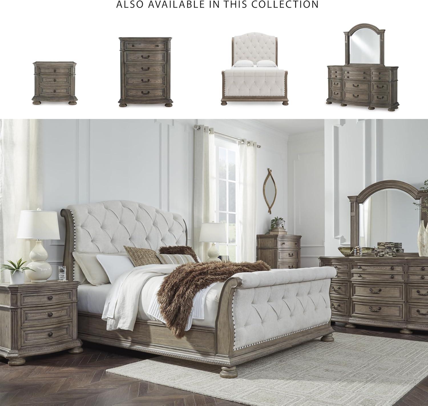 imageSignature Design by Ashley Ardenfield Traditional Tufted King Upholstered Sleigh Bed Foundation or Box Spring Needed Light Brown amp WhiteQueen
