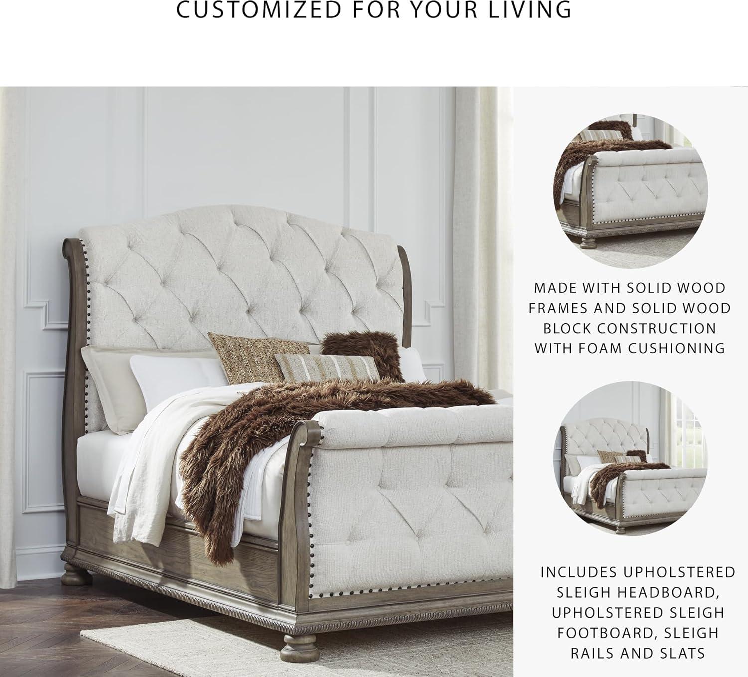 imageSignature Design by Ashley Ardenfield Traditional Tufted King Upholstered Sleigh Bed Foundation or Box Spring Needed Light Brown amp WhiteQueen
