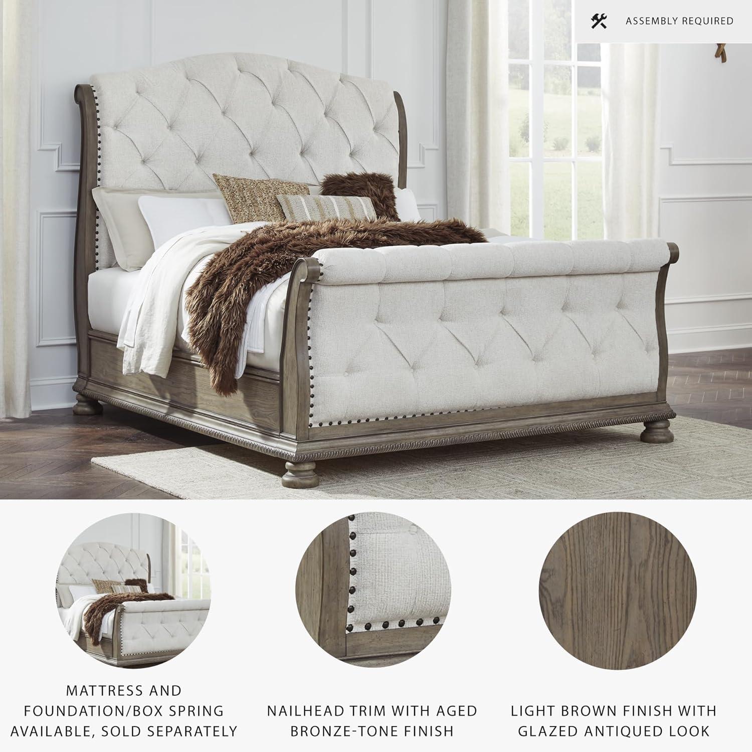 imageSignature Design by Ashley Ardenfield Traditional Tufted King Upholstered Sleigh Bed Foundation or Box Spring Needed Light Brown amp WhiteQueen