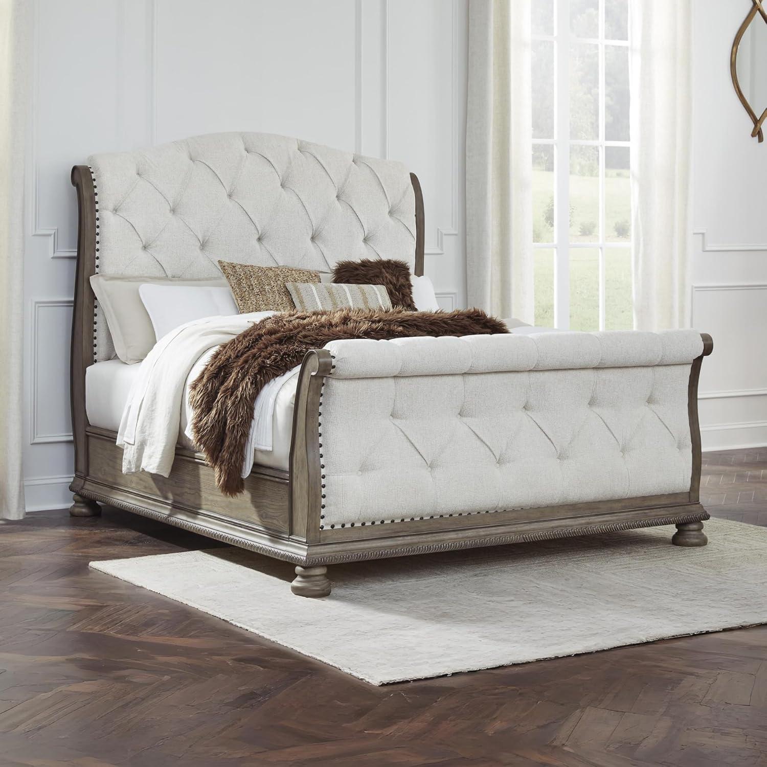 imageSignature Design by Ashley Ardenfield Traditional Tufted King Upholstered Sleigh Bed Foundation or Box Spring Needed Light Brown amp WhiteQueen