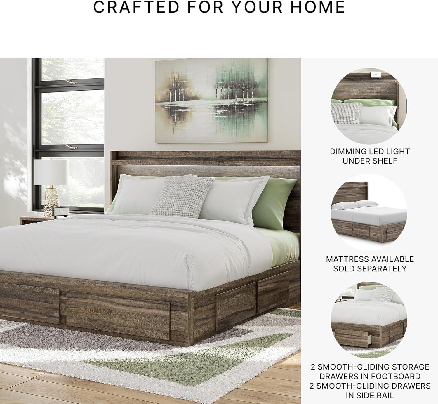 imageSignature Design by Ashley Baystorm King Panel Storage Bed Frame Platform Bedframe with Headboard LED Lighting and Four Drawers for Primary Bedroom Weathered Brown Finish
