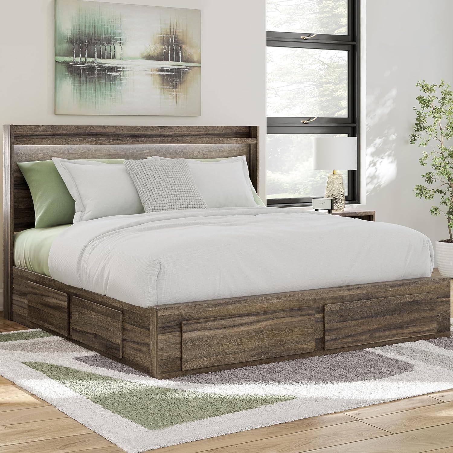 imageSignature Design by Ashley Baystorm King Panel Storage Bed Frame Platform Bedframe with Headboard LED Lighting and Four Drawers for Primary Bedroom Weathered Brown Finish