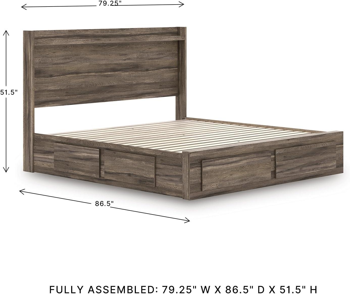 imageSignature Design by Ashley Baystorm King Panel Storage Bed Frame Platform Bedframe with Headboard LED Lighting and Four Drawers for Primary Bedroom Weathered Brown Finish