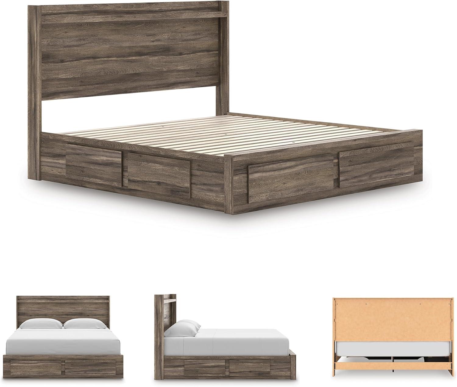imageSignature Design by Ashley Baystorm King Panel Storage Bed Frame Platform Bedframe with Headboard LED Lighting and Four Drawers for Primary Bedroom Weathered Brown Finish