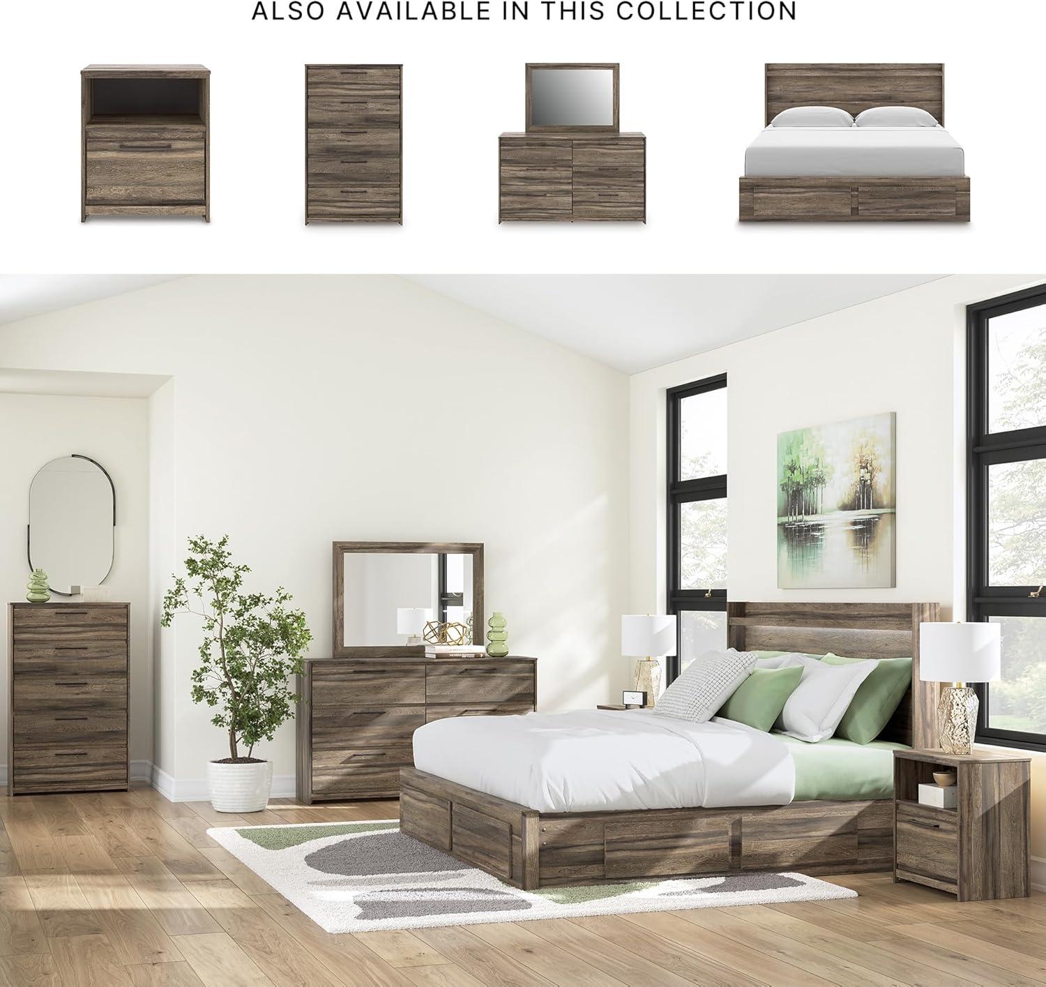 imageSignature Design by Ashley Baystorm King Panel Storage Bed Frame Platform Bedframe with Headboard LED Lighting and Four Drawers for Primary Bedroom Weathered Brown Finish