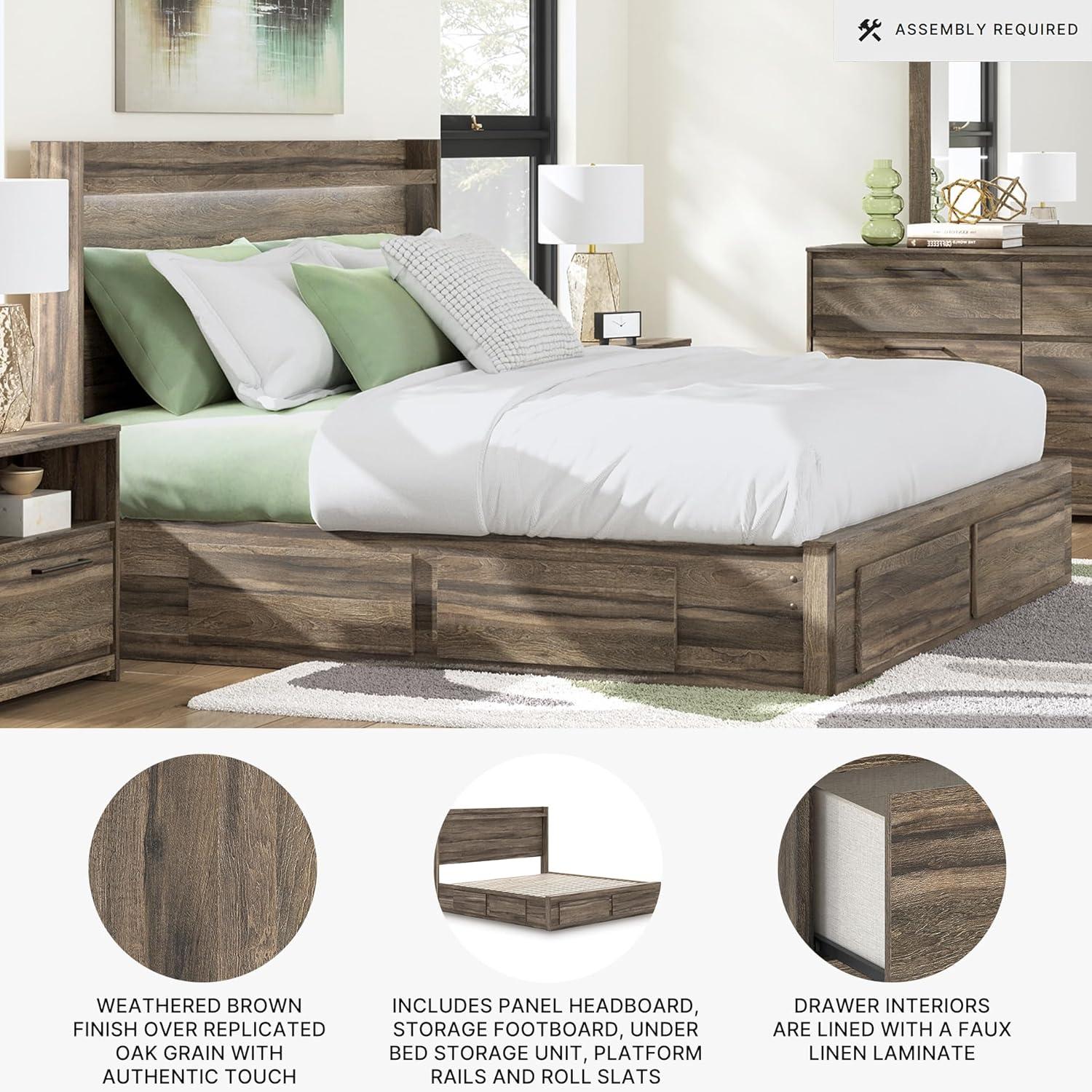 imageSignature Design by Ashley Baystorm King Panel Storage Bed Frame Platform Bedframe with Headboard LED Lighting and Four Drawers for Primary Bedroom Weathered Brown Finish