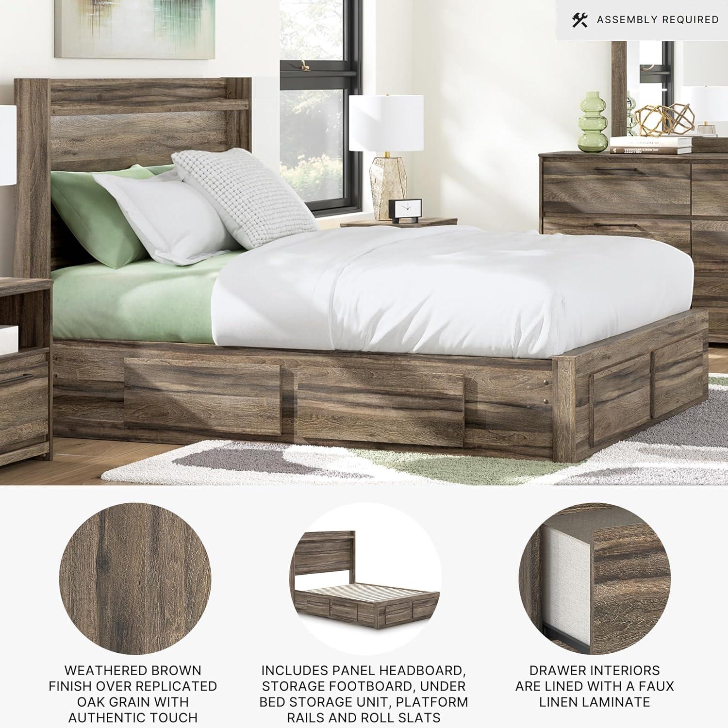 imageSignature Design by Ashley Baystorm Queen Panel Storage Bedframe Platform Bed Frame with Headboard LED Lighting and Drawers for Bedroom Weathered Brown