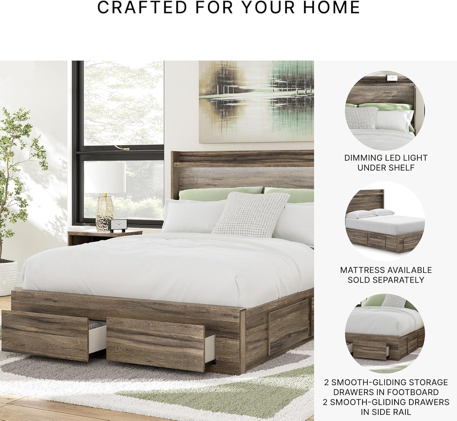 imageSignature Design by Ashley Baystorm Queen Panel Storage Bedframe Platform Bed Frame with Headboard LED Lighting and Drawers for Bedroom Weathered Brown