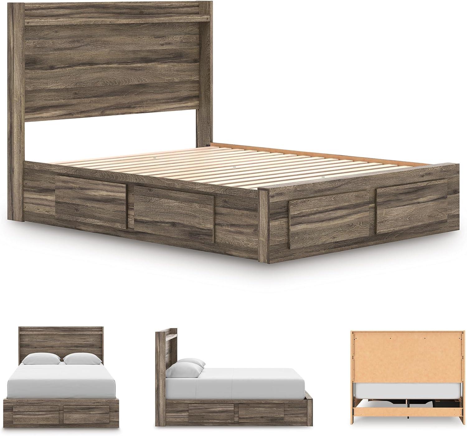 imageSignature Design by Ashley Baystorm Queen Panel Storage Bedframe Platform Bed Frame with Headboard LED Lighting and Drawers for Bedroom Weathered Brown
