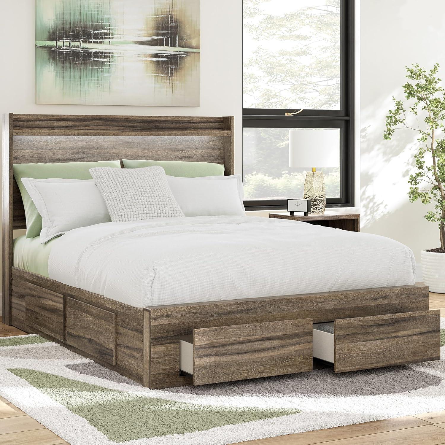 imageSignature Design by Ashley Baystorm Queen Panel Storage Bedframe Platform Bed Frame with Headboard LED Lighting and Drawers for Bedroom Weathered Brown