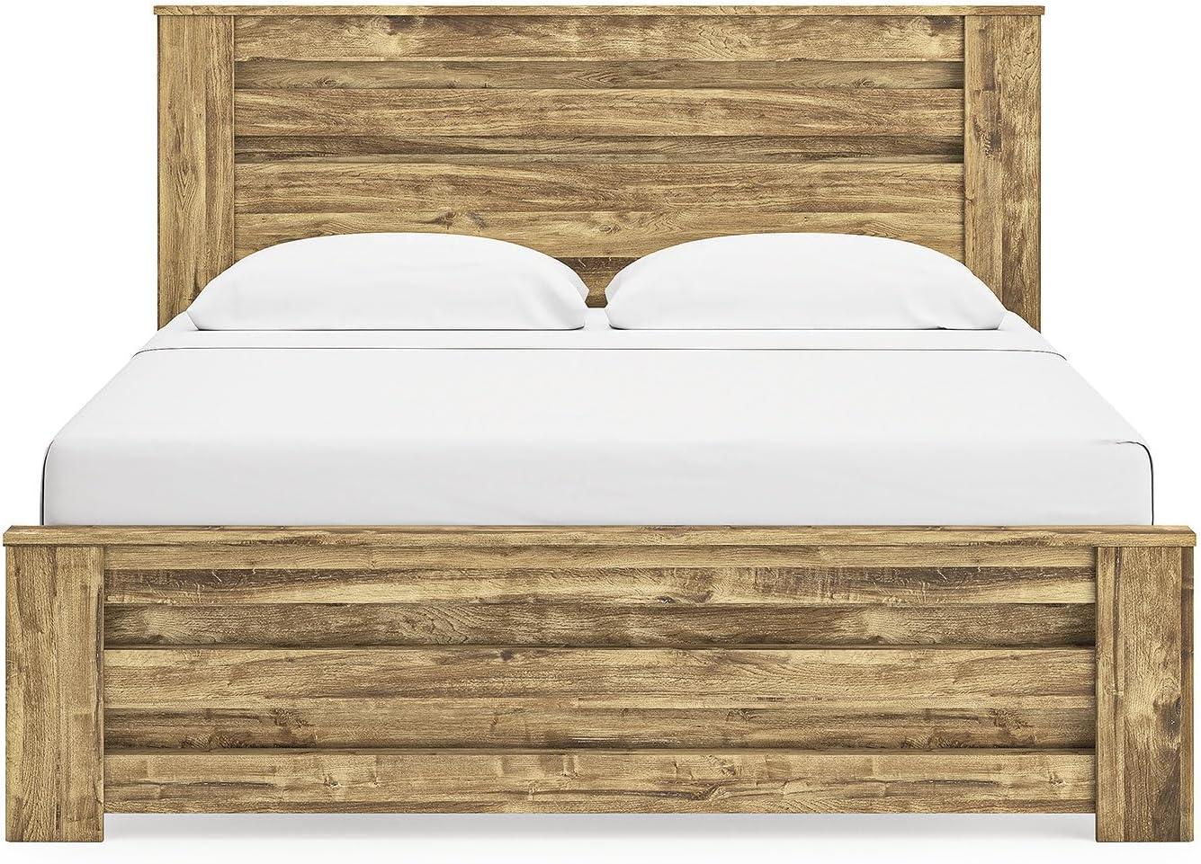 imageSignature Design by Ashley Branstony King Panel Bed Frame with Headboard Replicated Oak Grain Finish Modern Farmhouse Bedroom Style 8025 W x 8825 D x 5375 H