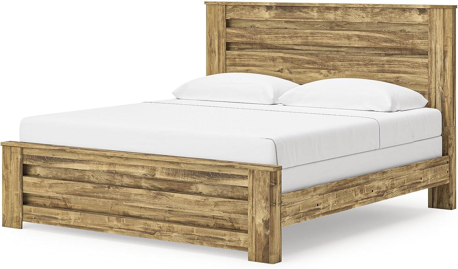 imageSignature Design by Ashley Branstony King Panel Bed Frame with Headboard Replicated Oak Grain Finish Modern Farmhouse Bedroom Style 8025 W x 8825 D x 5375 H