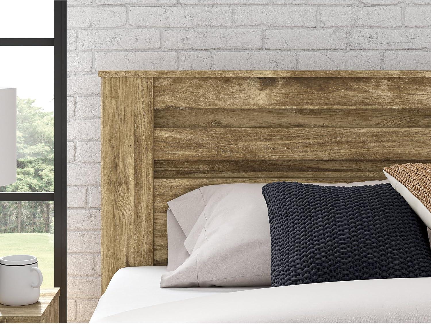 imageSignature Design by Ashley Branstony King Panel Bed Frame with Headboard Replicated Oak Grain Finish Modern Farmhouse Bedroom Style 8025 W x 8825 D x 5375 H