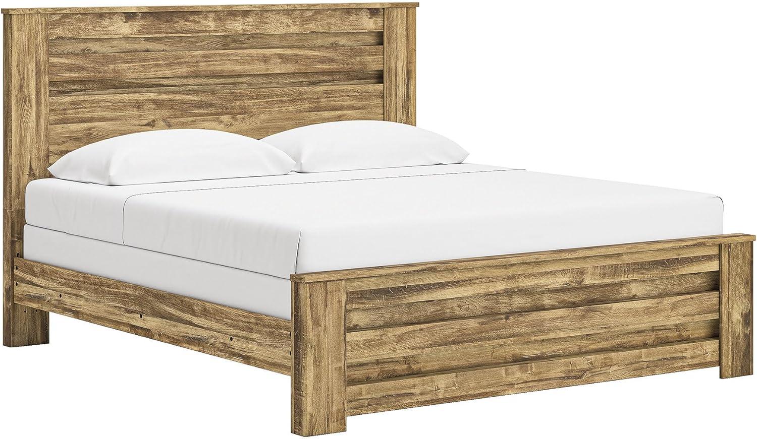 imageSignature Design by Ashley Branstony King Panel Bed Frame with Headboard Replicated Oak Grain Finish Modern Farmhouse Bedroom Style 8025 W x 8825 D x 5375 H