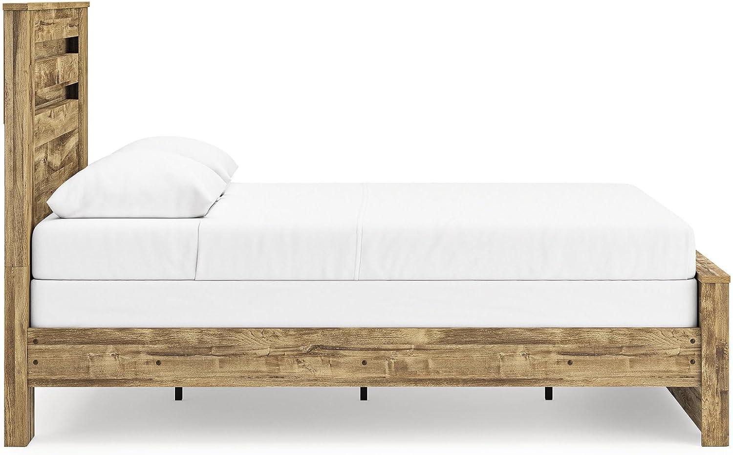 imageSignature Design by Ashley Branstony Queen Size Panel Bed Frame with Headboard Replicated Oak Grain Finish Modern Farmhouse Bedroom Style 6375 W x 8825 D x 5375 H