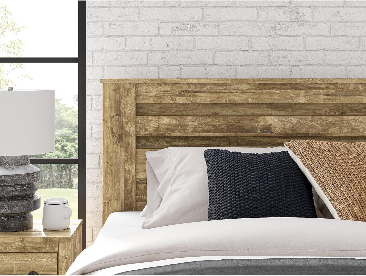 imageSignature Design by Ashley Branstony Queen Size Panel Bed Frame with Headboard Replicated Oak Grain Finish Modern Farmhouse Bedroom Style 6375 W x 8825 D x 5375 H