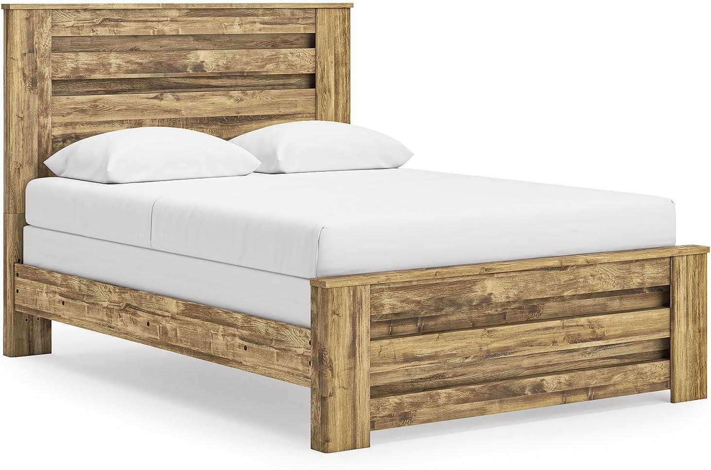 imageSignature Design by Ashley Branstony Queen Size Panel Bed Frame with Headboard Replicated Oak Grain Finish Modern Farmhouse Bedroom Style 6375 W x 8825 D x 5375 H