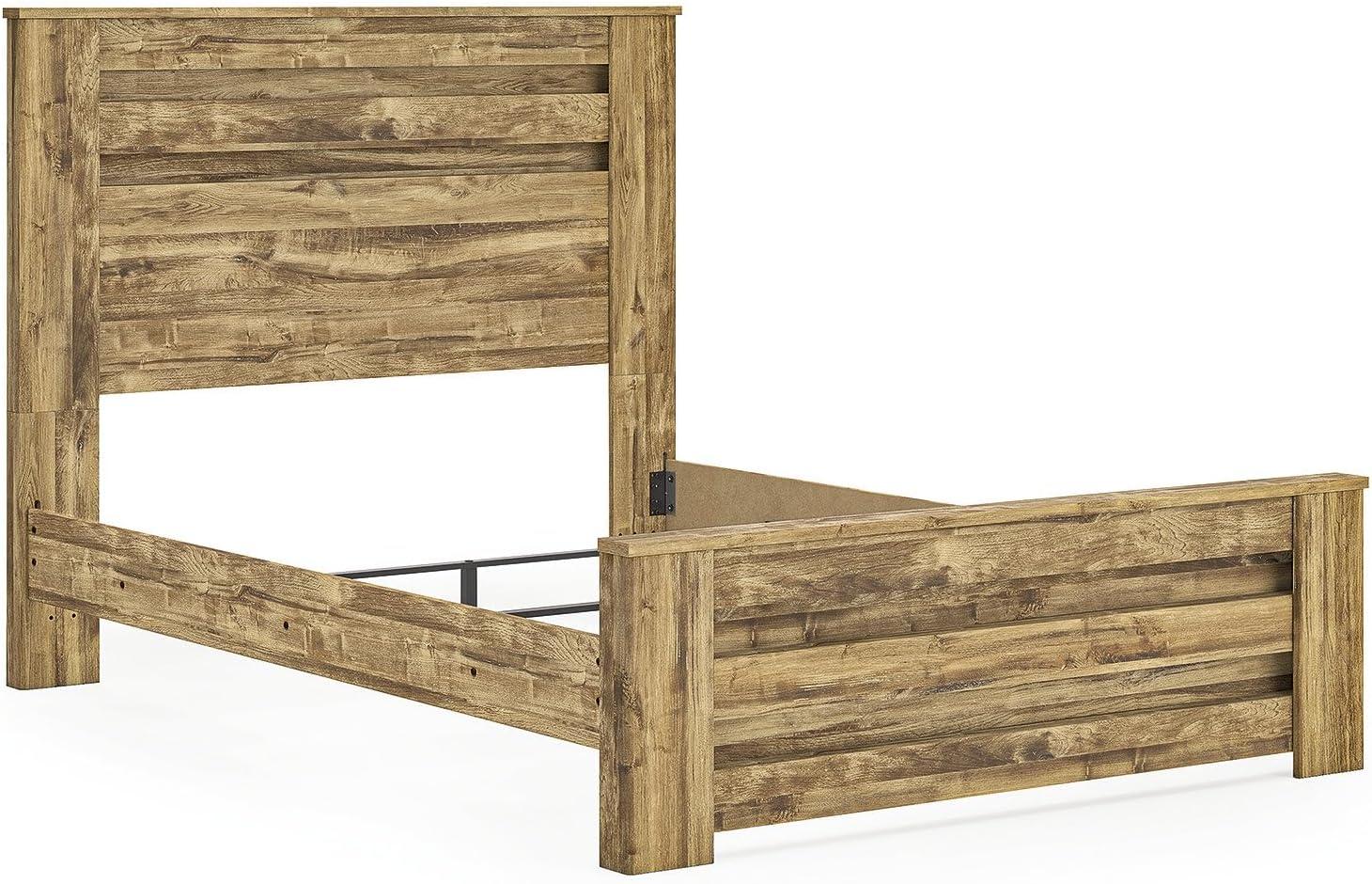 imageSignature Design by Ashley Branstony Queen Size Panel Bed Frame with Headboard Replicated Oak Grain Finish Modern Farmhouse Bedroom Style 6375 W x 8825 D x 5375 H