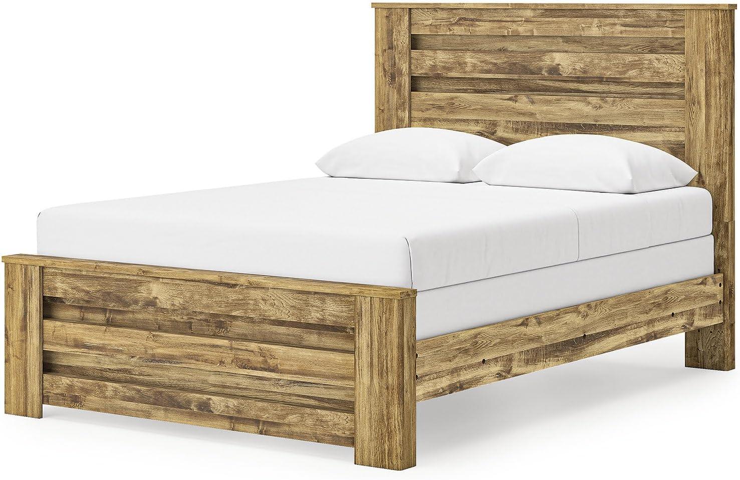 imageSignature Design by Ashley Branstony Queen Size Panel Bed Frame with Headboard Replicated Oak Grain Finish Modern Farmhouse Bedroom Style 6375 W x 8825 D x 5375 H