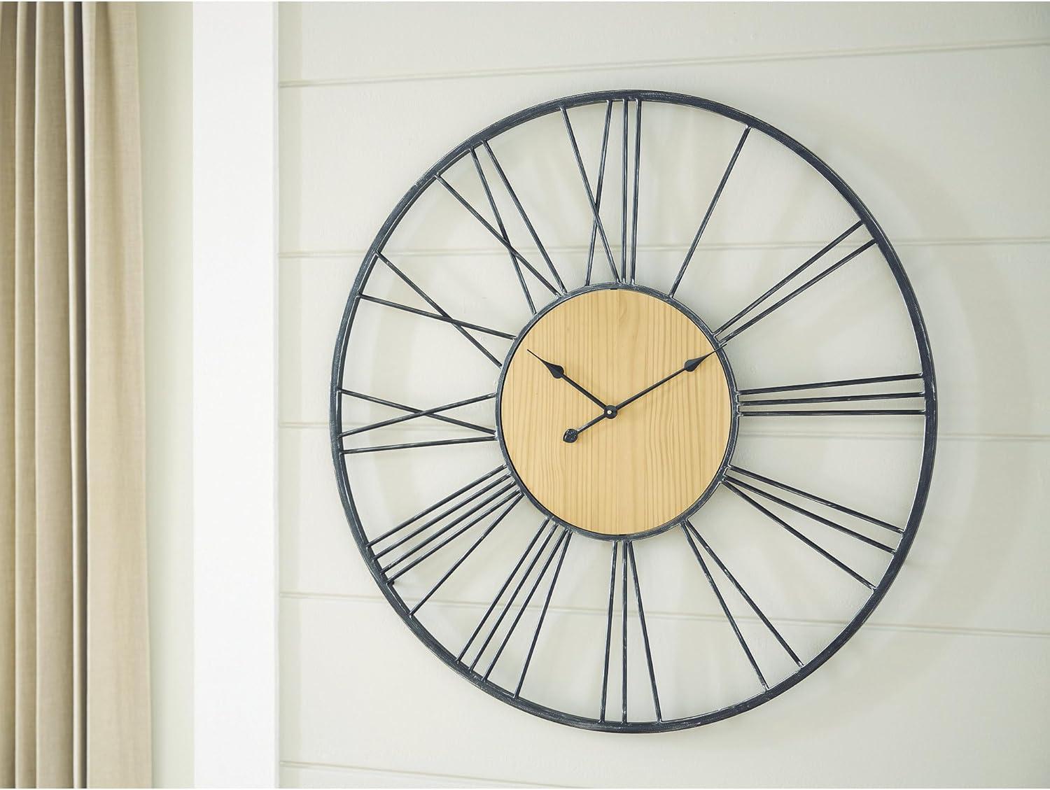 imageSignature Design by Ashley Brockett Large Wall Clock Metal and Wood Frame with Roman Numerals Oversized Decor for Living Room or Kitchen Black and Natural Finish 4187 W
