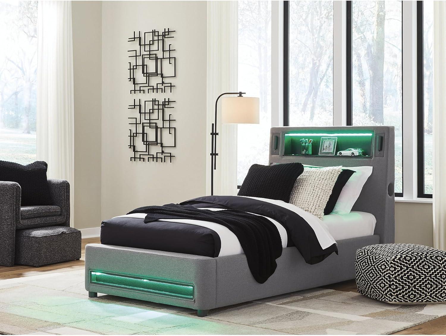 imageSignature Design by Ashley Cayberry Twin Bedframe with Headboard Upholstered Platform Bed with LED Lights Modern Bedroom Furniture for Kids and Teens