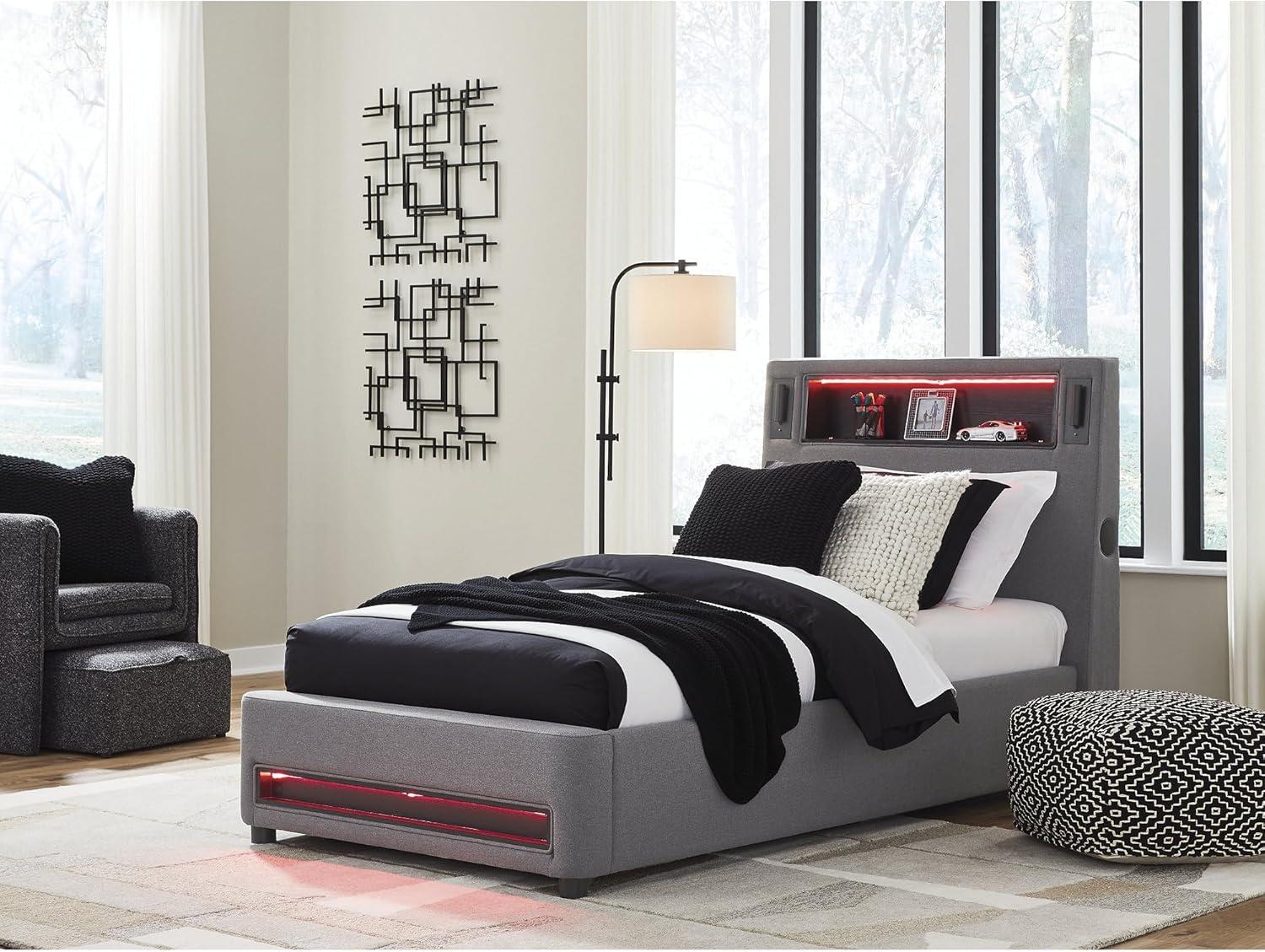 imageSignature Design by Ashley Cayberry Twin Bedframe with Headboard Upholstered Platform Bed with LED Lights Modern Bedroom Furniture for Kids and Teens