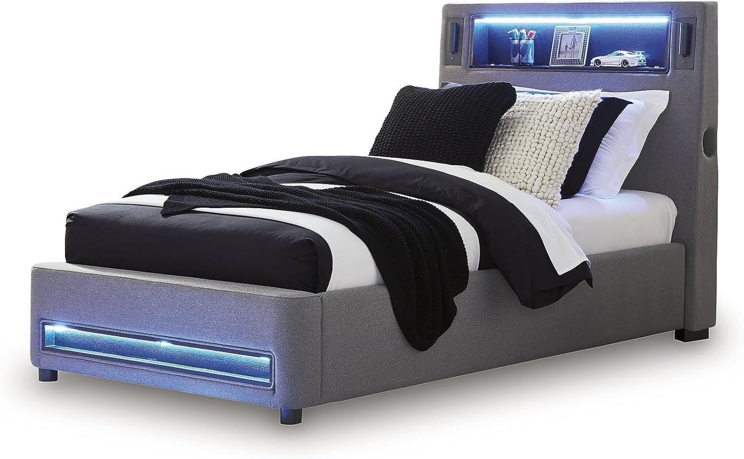 imageSignature Design by Ashley Cayberry Twin Bedframe with Headboard Upholstered Platform Bed with LED Lights Modern Bedroom Furniture for Kids and Teens