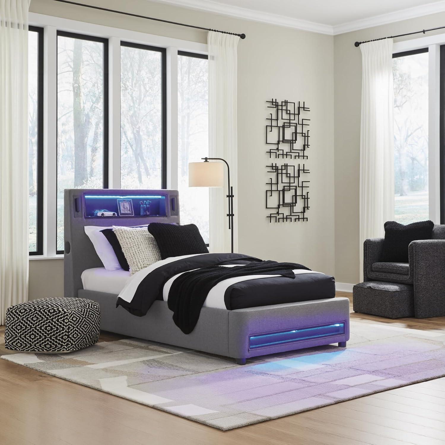 imageSignature Design by Ashley Cayberry Twin Bedframe with Headboard Upholstered Platform Bed with LED Lights Modern Bedroom Furniture for Kids and Teens