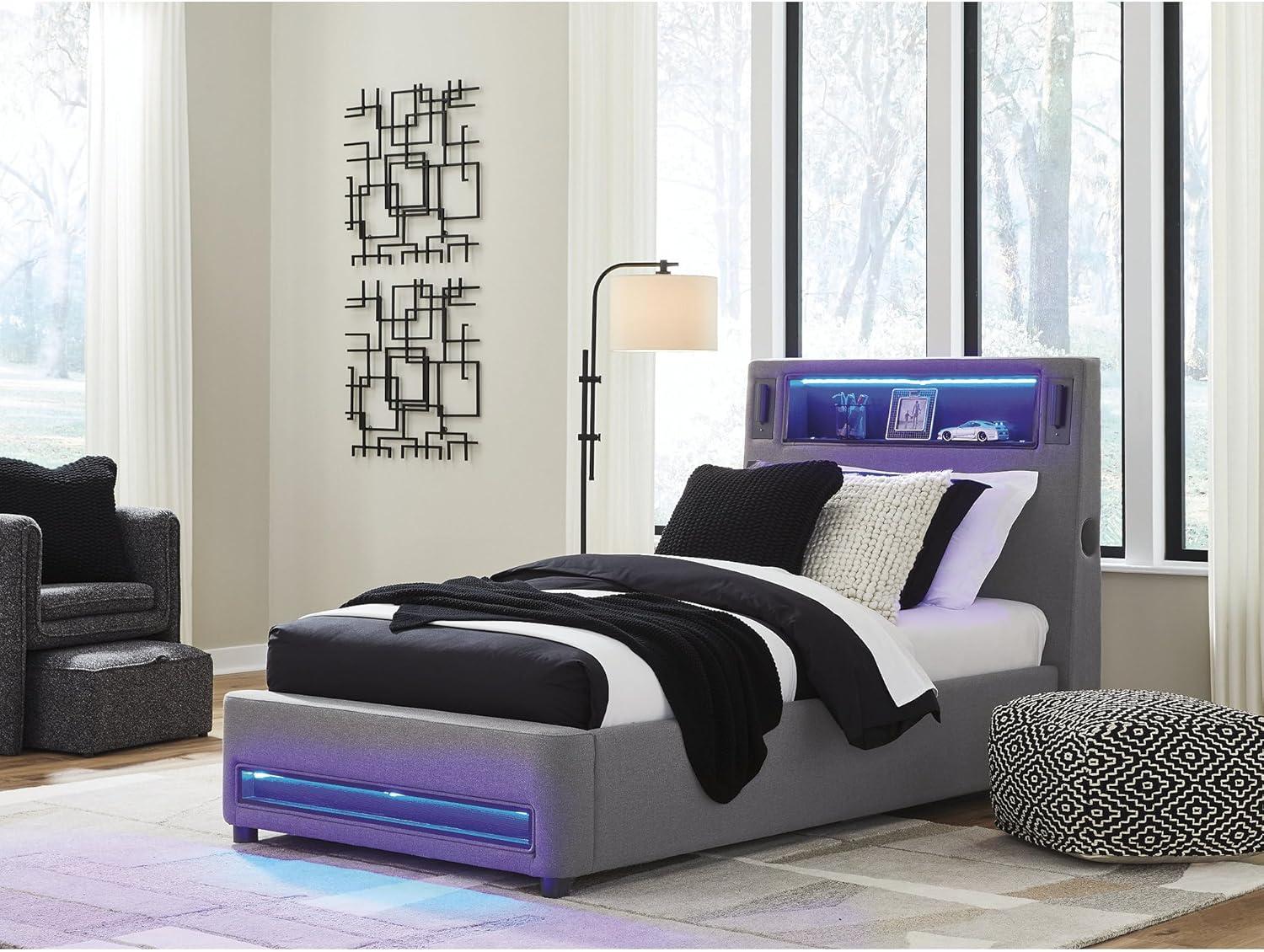 imageSignature Design by Ashley Cayberry Twin Bedframe with Headboard Upholstered Platform Bed with LED Lights Modern Bedroom Furniture for Kids and Teens