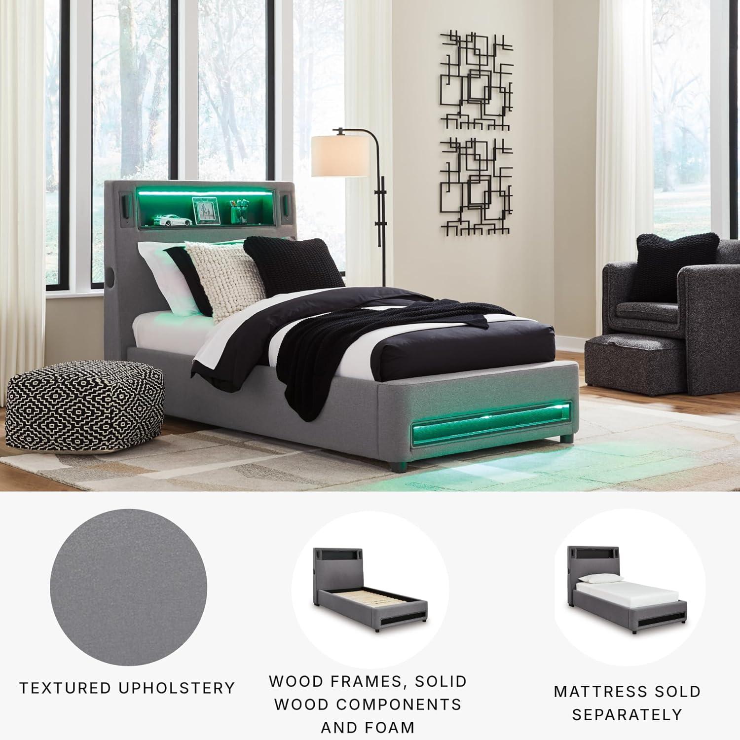 imageSignature Design by Ashley Cayberry Twin Bedframe with Headboard Upholstered Platform Bed with LED Lights Modern Bedroom Furniture for Kids and Teens