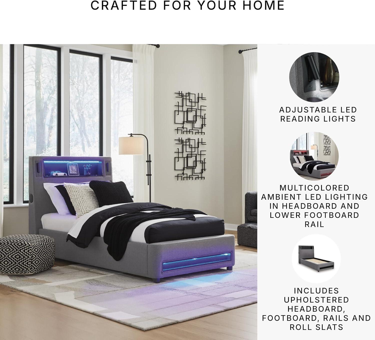 imageSignature Design by Ashley Cayberry Twin Bedframe with Headboard Upholstered Platform Bed with LED Lights Modern Bedroom Furniture for Kids and Teens