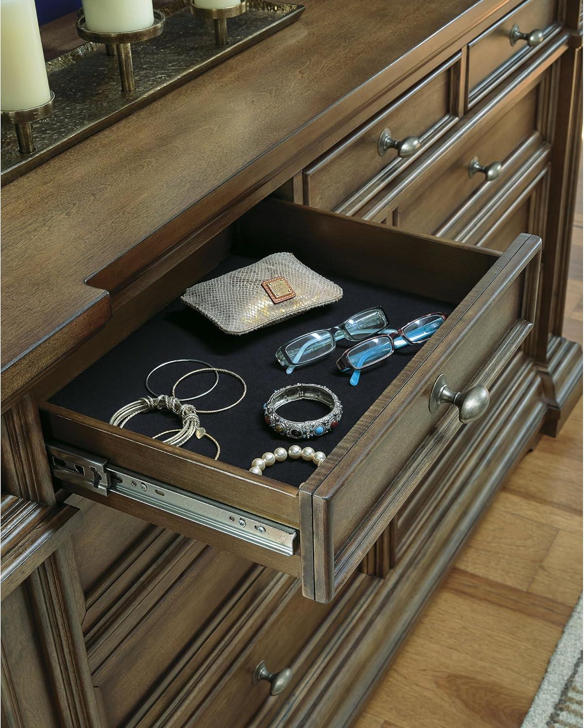 imageSignature Design by Ashley Channley Dresser and Mirror Set 9 SmoothGliding Drawers with FeltLined Tops Hardwood Solids Birch Veneer and MDF Brown Bedroom Storage