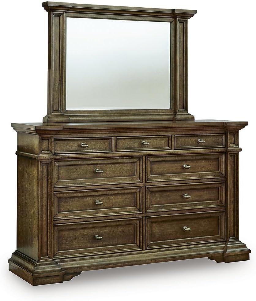 imageSignature Design by Ashley Channley Dresser and Mirror Set 9 SmoothGliding Drawers with FeltLined Tops Hardwood Solids Birch Veneer and MDF Brown Bedroom Storage