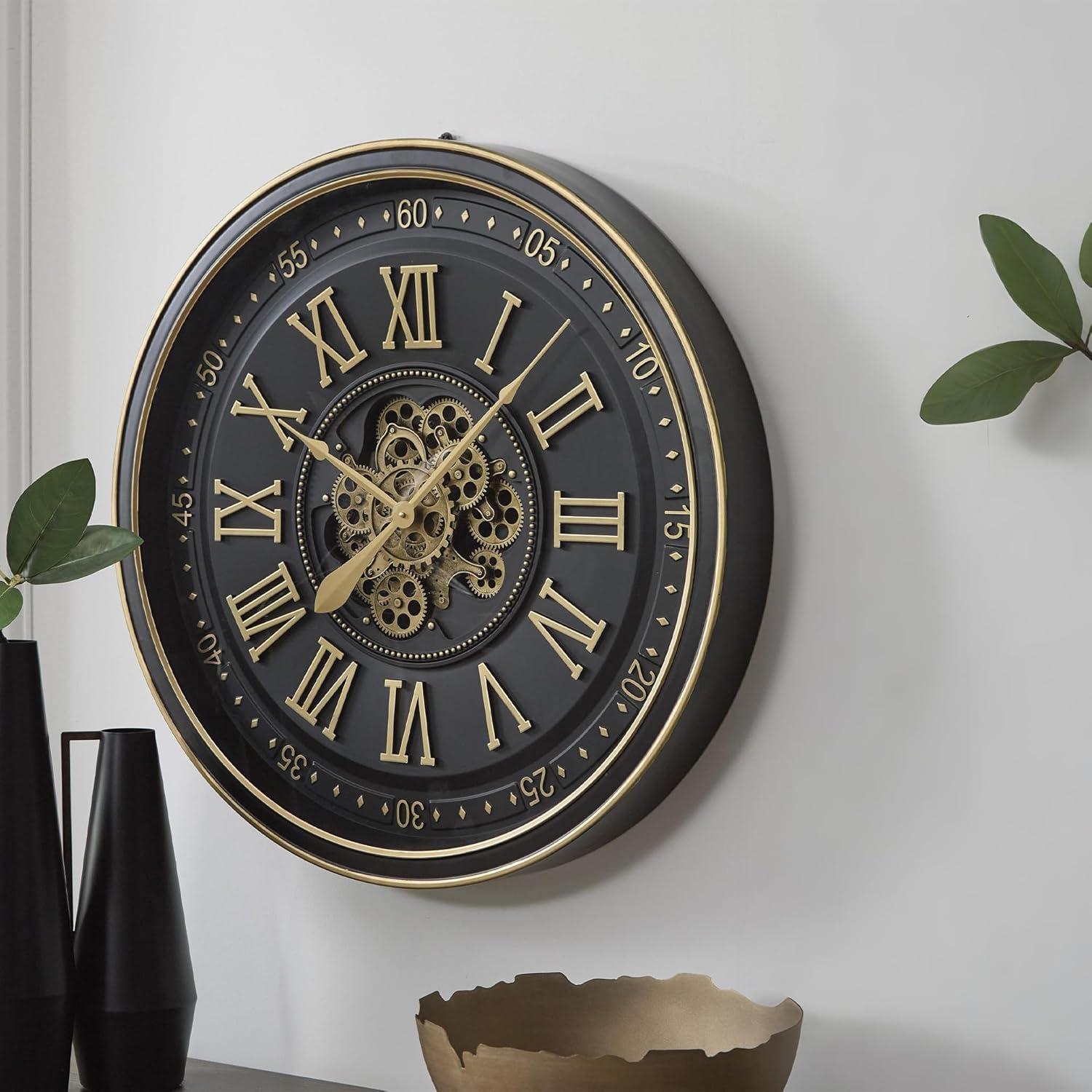 imageSignature Design by Ashley Dairton Traditional Metal Analog Quartz Wall Clock with Roman Numerals and Moving Gears Black amp Metallic