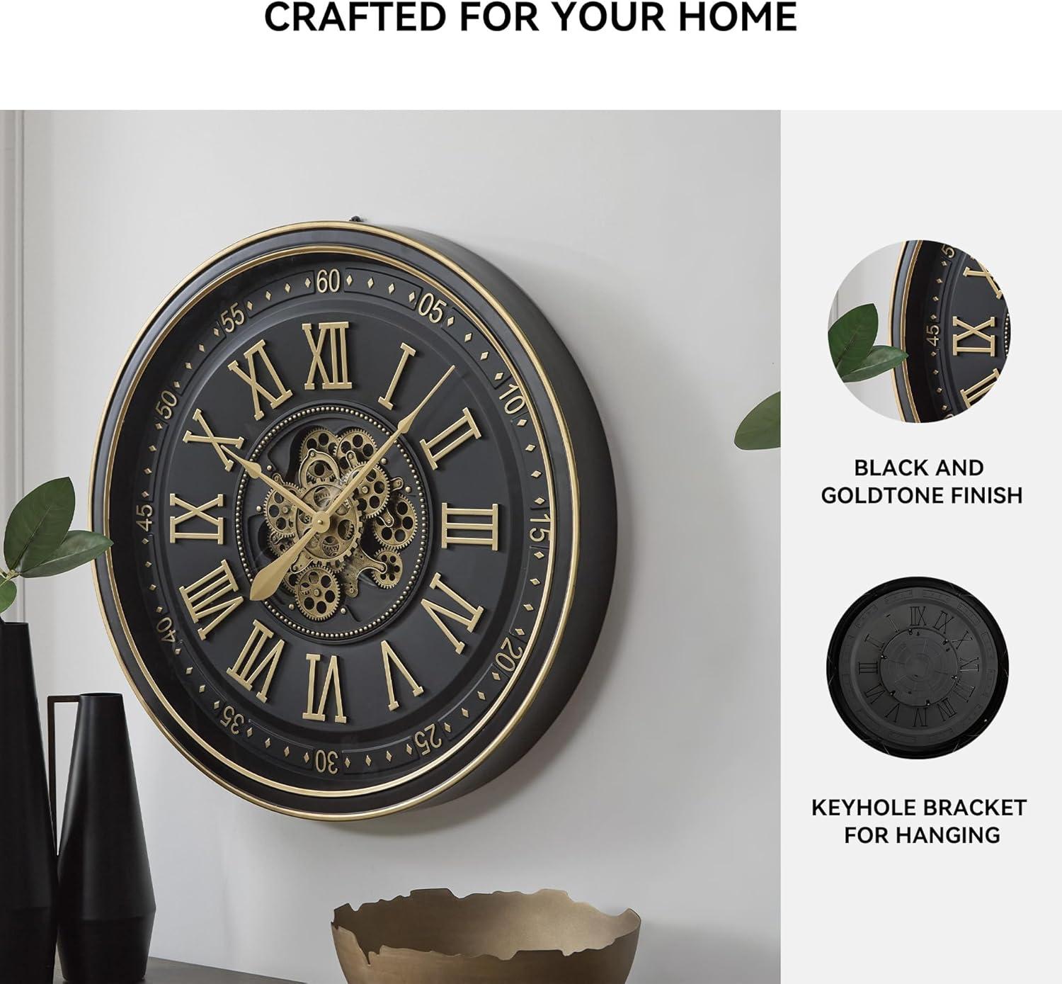 imageSignature Design by Ashley Dairton Traditional Metal Analog Quartz Wall Clock with Roman Numerals and Moving Gears Black amp Metallic