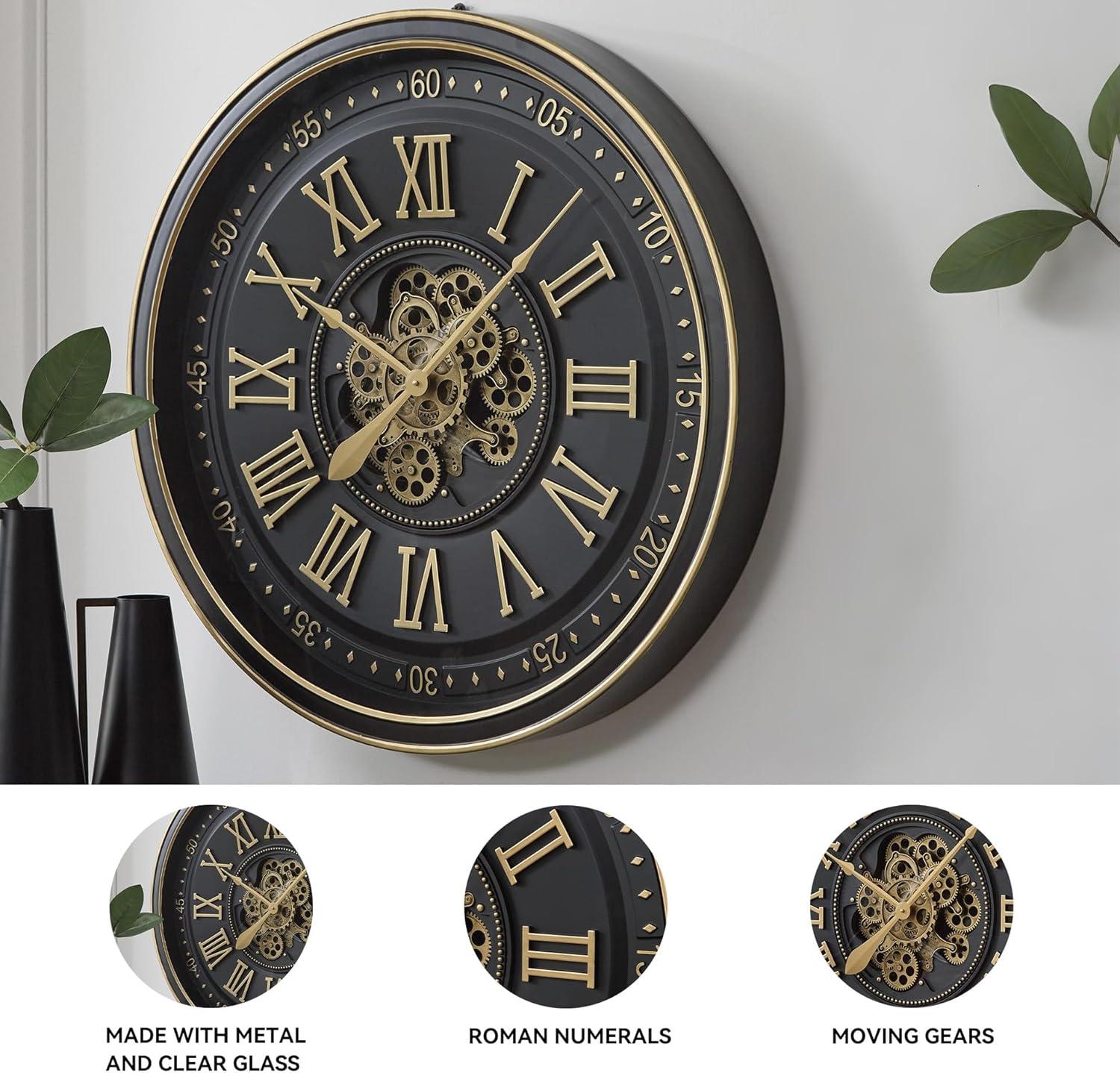 imageSignature Design by Ashley Dairton Traditional Metal Analog Quartz Wall Clock with Roman Numerals and Moving Gears Black amp Metallic