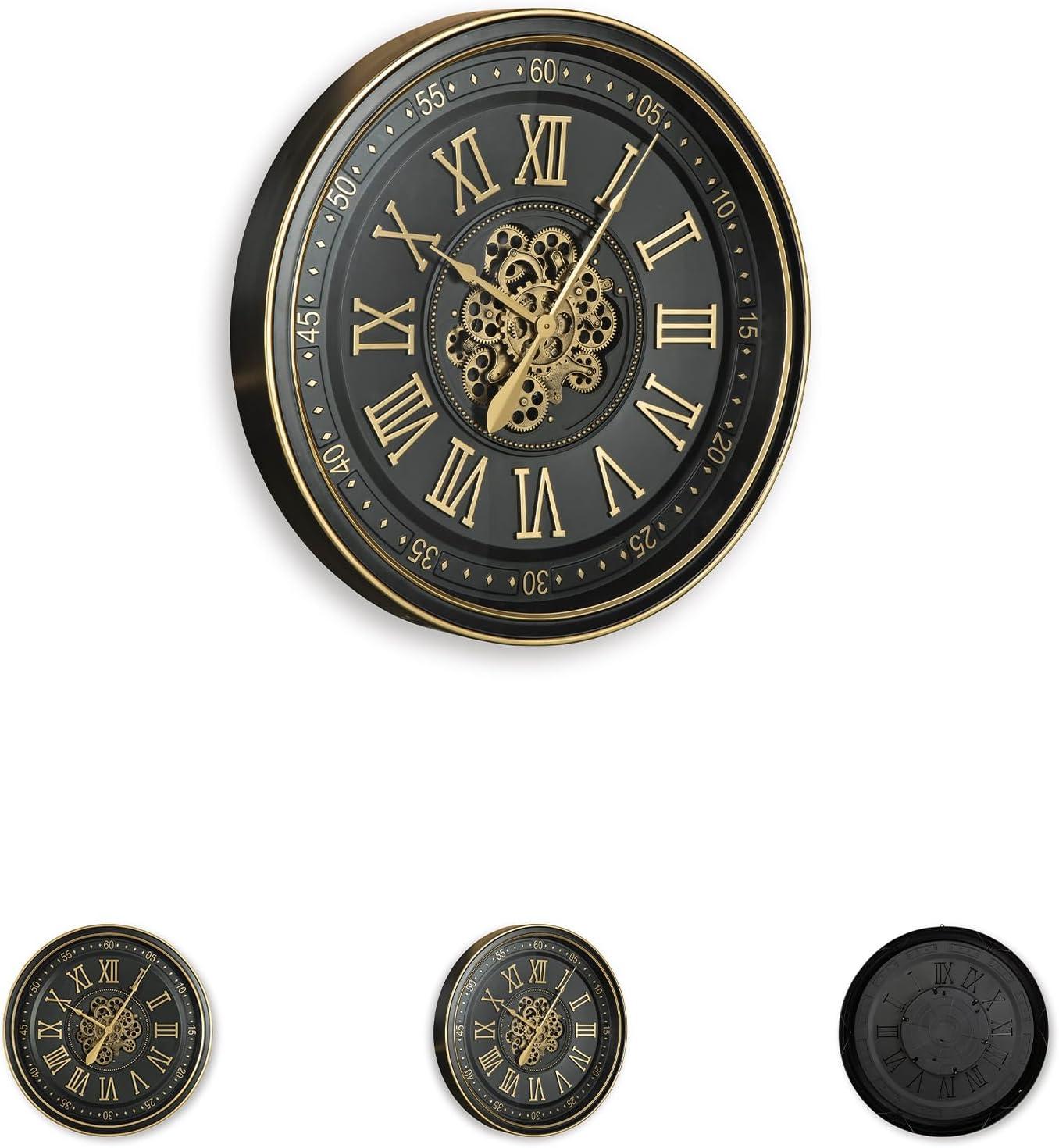 imageSignature Design by Ashley Dairton Traditional Metal Analog Quartz Wall Clock with Roman Numerals and Moving Gears Black amp Metallic