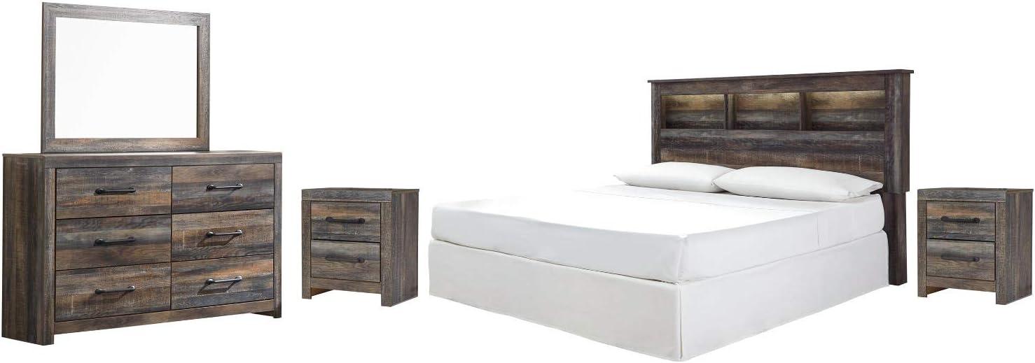 imageSignature Design by Ashley Drystan Rustic Full Bookcase Bed with 2 Storage Drawers and LED Light Foundation or Box Spring Needed Dark Brown amp GrayCalifornia King