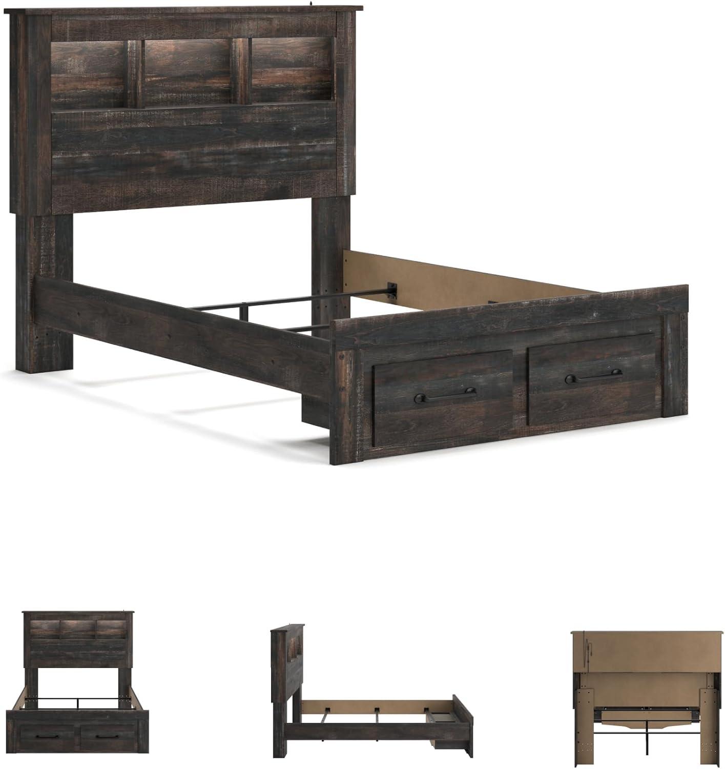 imageSignature Design by Ashley Drystan Rustic Full Bookcase Bed with 2 Storage Drawers and LED Light Foundation or Box Spring Needed Dark Brown amp GrayFull