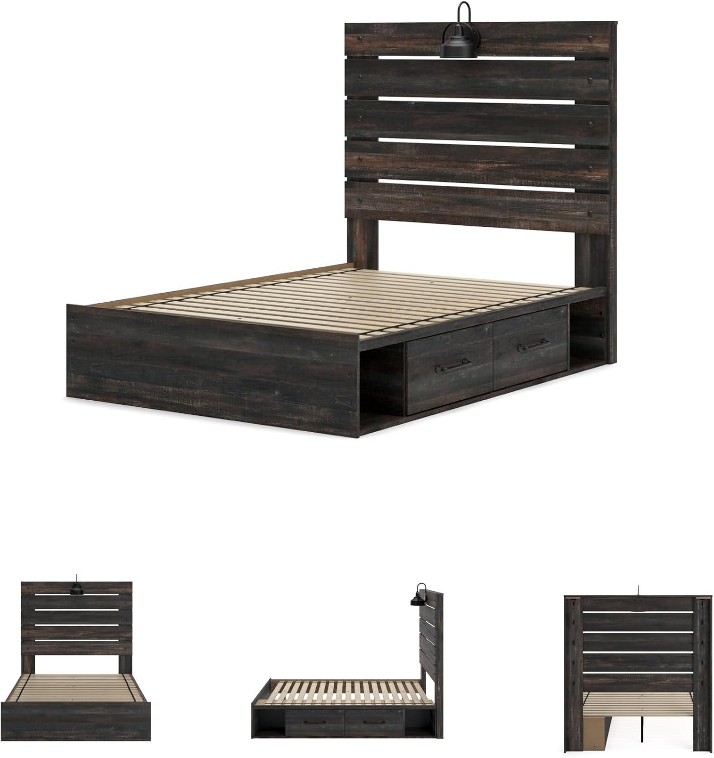 imageSignature Design by Ashley Drystan Rustic Full Bookcase Bed with 2 Storage Drawers and LED Light Foundation or Box Spring Needed Dark Brown amp GrayFull