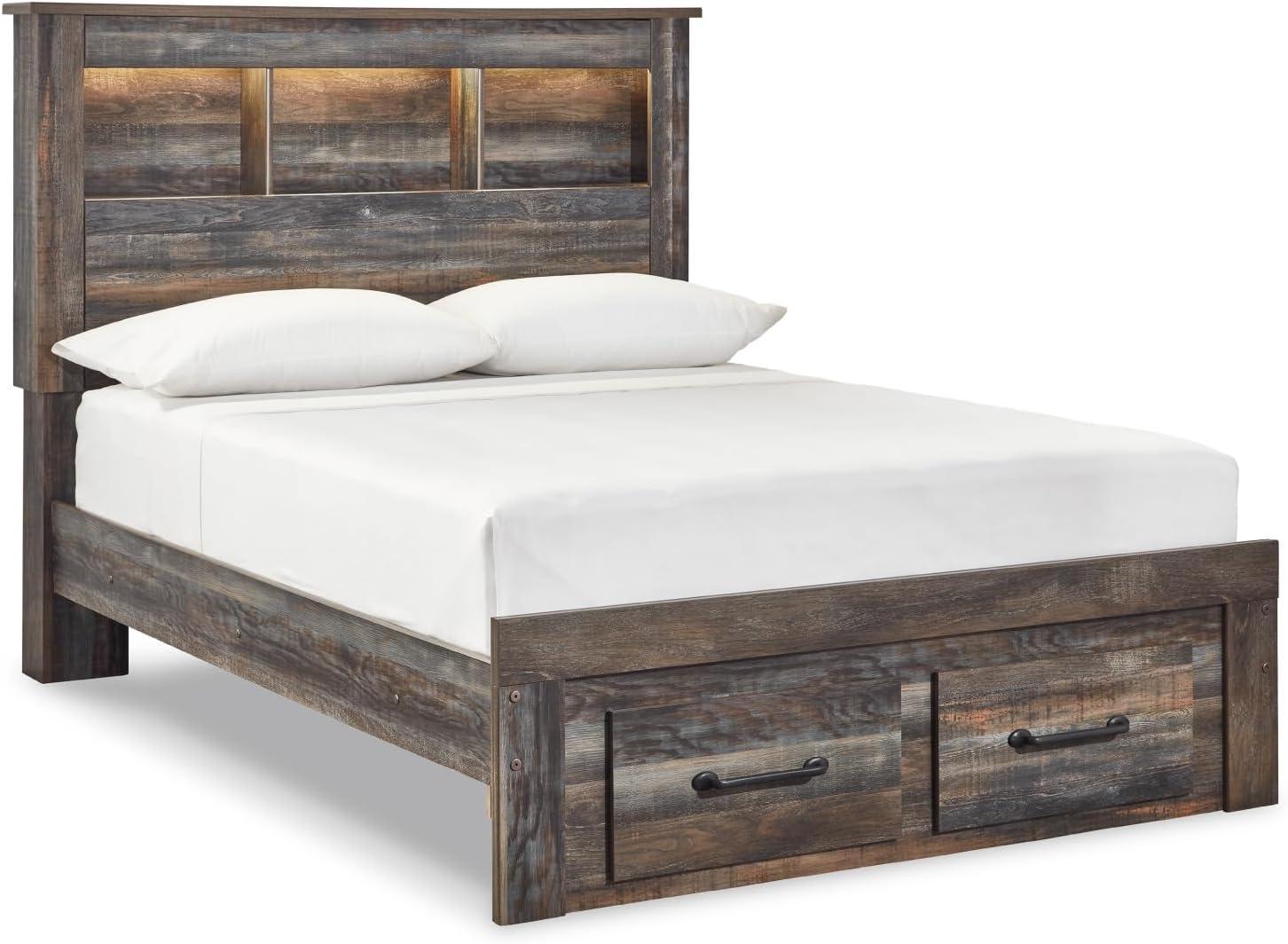 imageSignature Design by Ashley Drystan Rustic Full Bookcase Bed with 2 Storage Drawers and LED Light Foundation or Box Spring Needed Dark Brown amp GrayFull