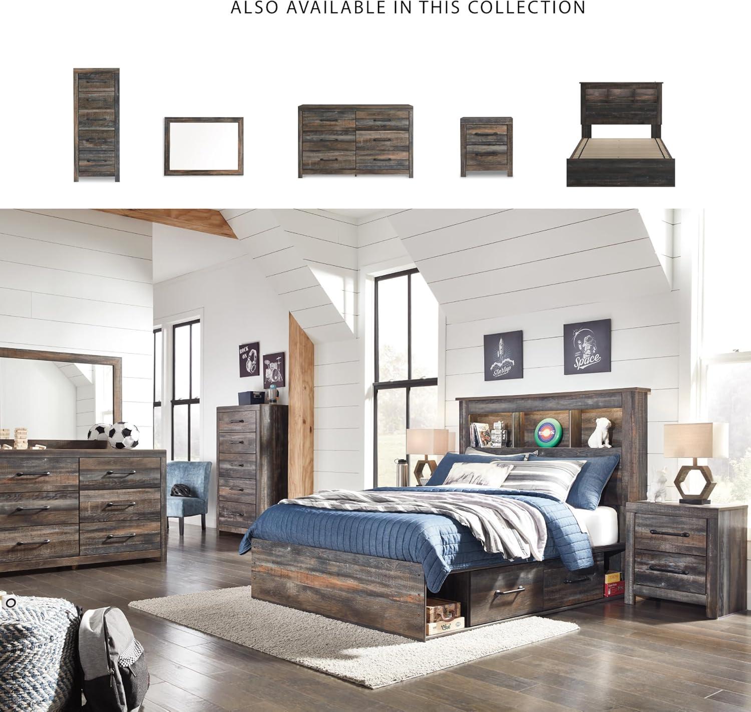 imageSignature Design by Ashley Drystan Rustic Full Bookcase Bed with 2 Storage Drawers and LED Light Foundation or Box Spring Needed Dark Brown amp GrayFull
