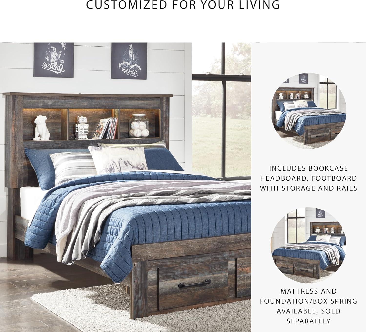 imageSignature Design by Ashley Drystan Rustic Full Bookcase Bed with 2 Storage Drawers and LED Light Foundation or Box Spring Needed Dark Brown amp GrayFull