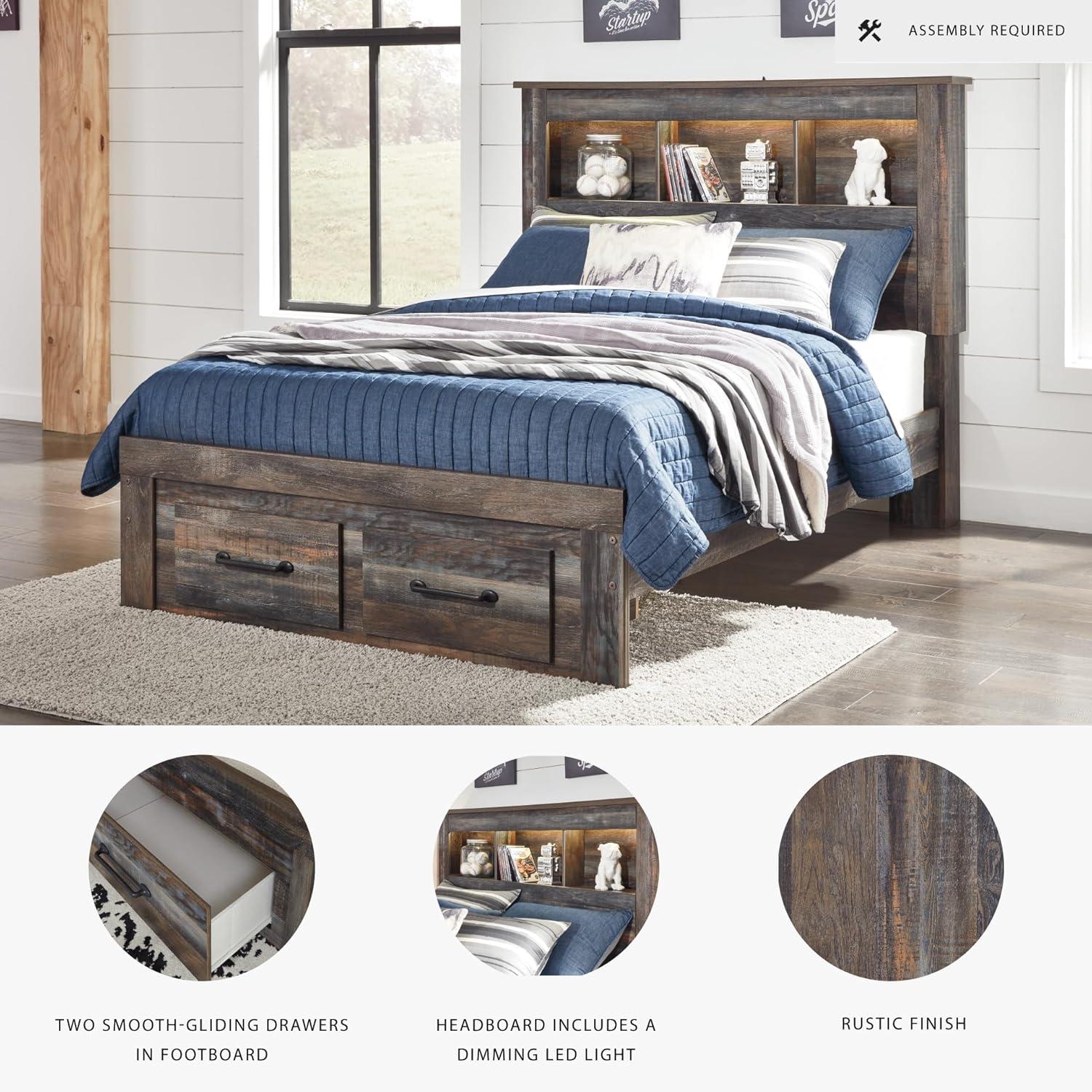 imageSignature Design by Ashley Drystan Rustic Full Bookcase Bed with 2 Storage Drawers and LED Light Foundation or Box Spring Needed Dark Brown amp GrayFull