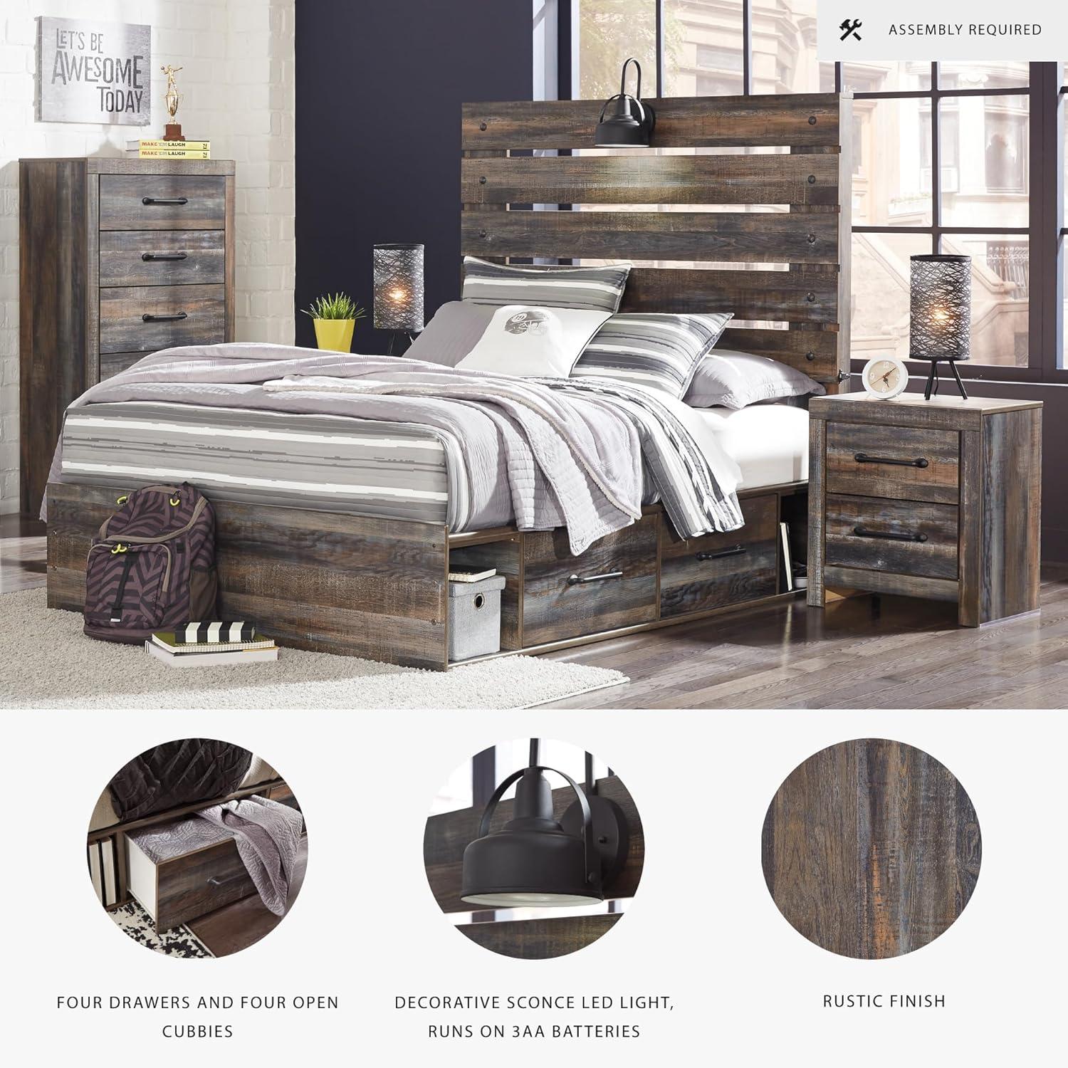 imageSignature Design by Ashley Drystan Rustic Full Bookcase Bed with 2 Storage Drawers and LED Light Foundation or Box Spring Needed Dark Brown amp GrayFull