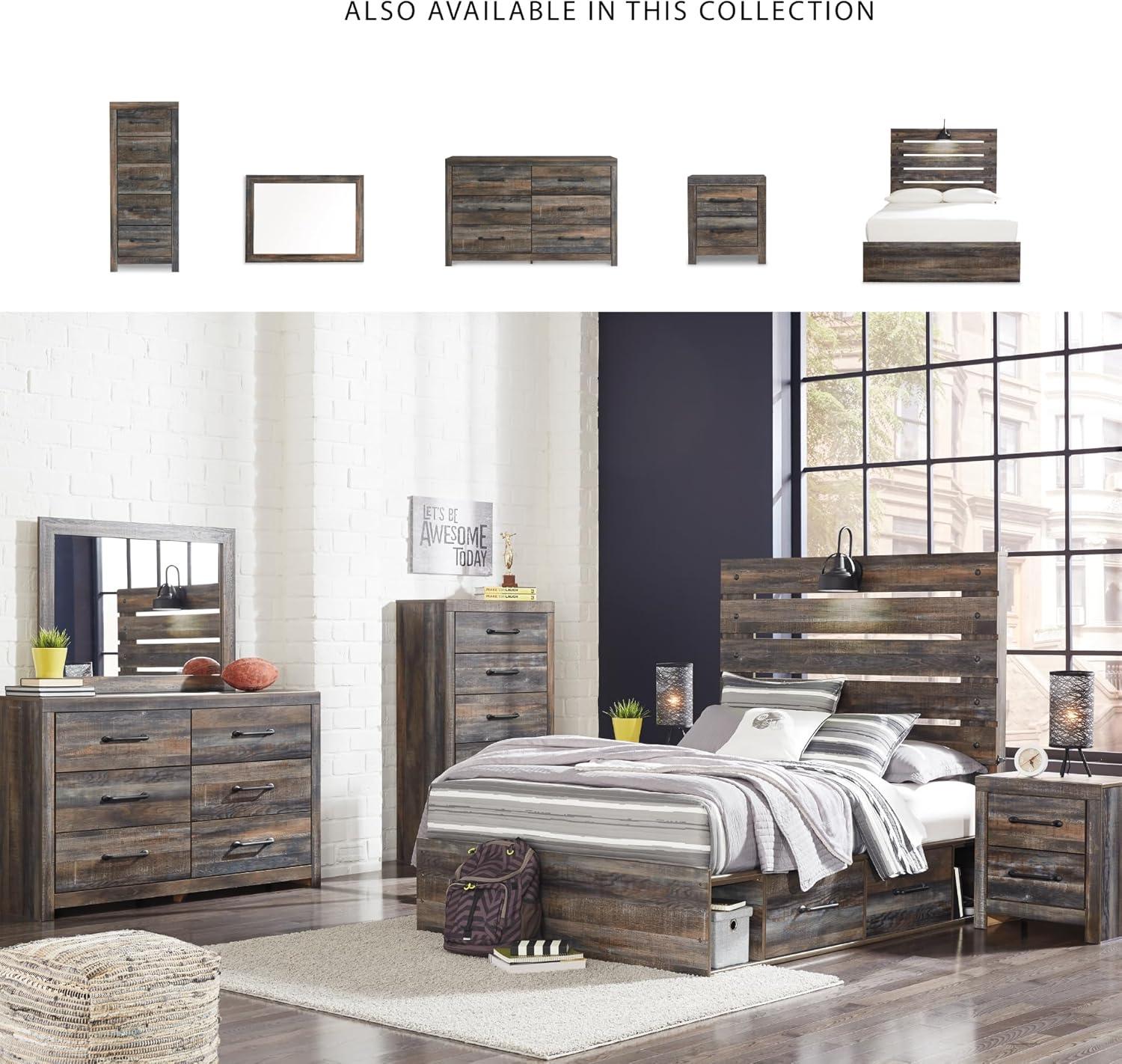 imageSignature Design by Ashley Drystan Rustic Full Bookcase Bed with 2 Storage Drawers and LED Light Foundation or Box Spring Needed Dark Brown amp GrayFull