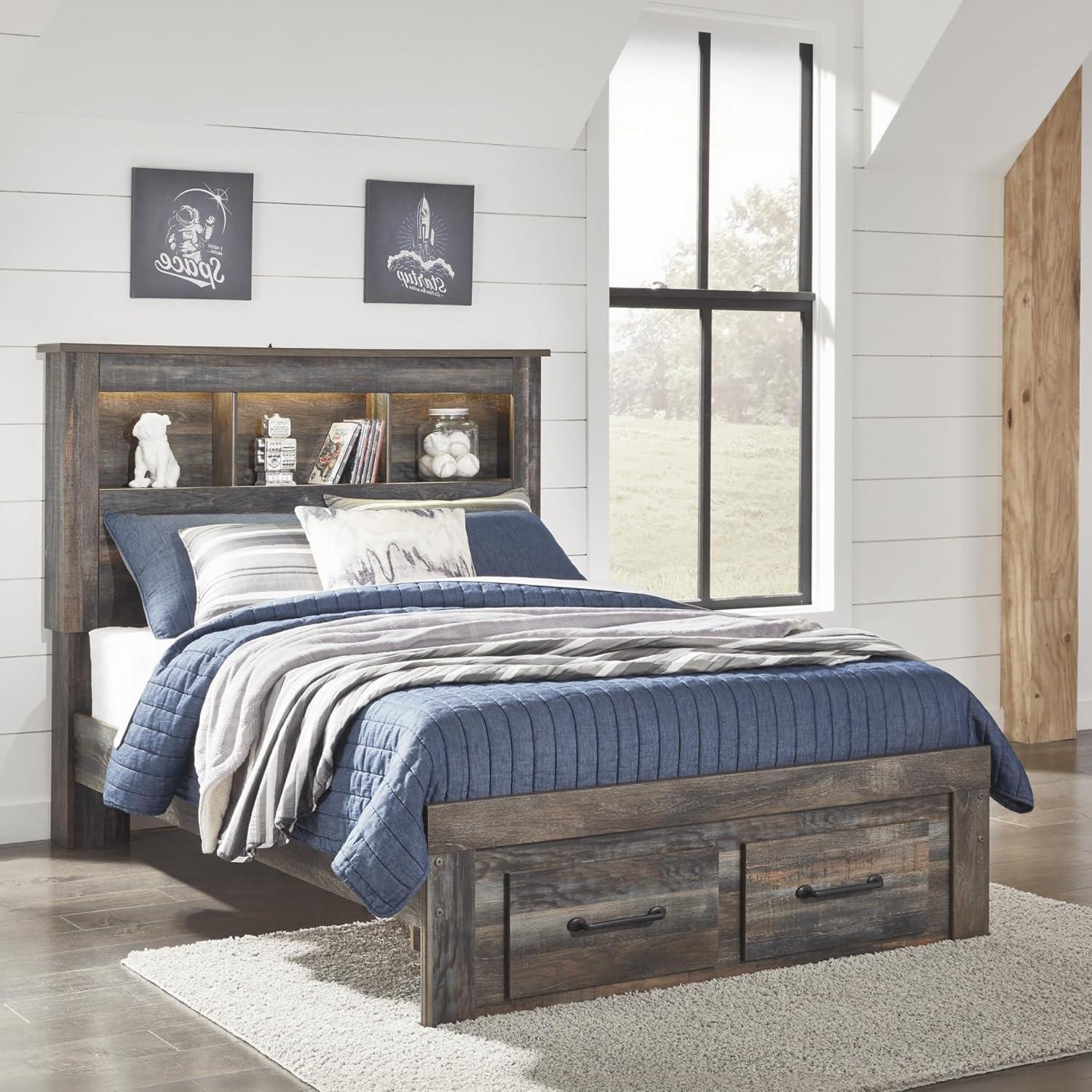 imageSignature Design by Ashley Drystan Rustic Full Bookcase Bed with 2 Storage Drawers and LED Light Foundation or Box Spring Needed Dark Brown amp GrayFull