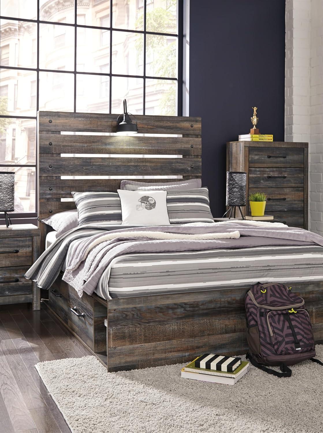 imageSignature Design by Ashley Drystan Rustic Full Bookcase Bed with 2 Storage Drawers and LED Light Foundation or Box Spring Needed Dark Brown amp GrayFull