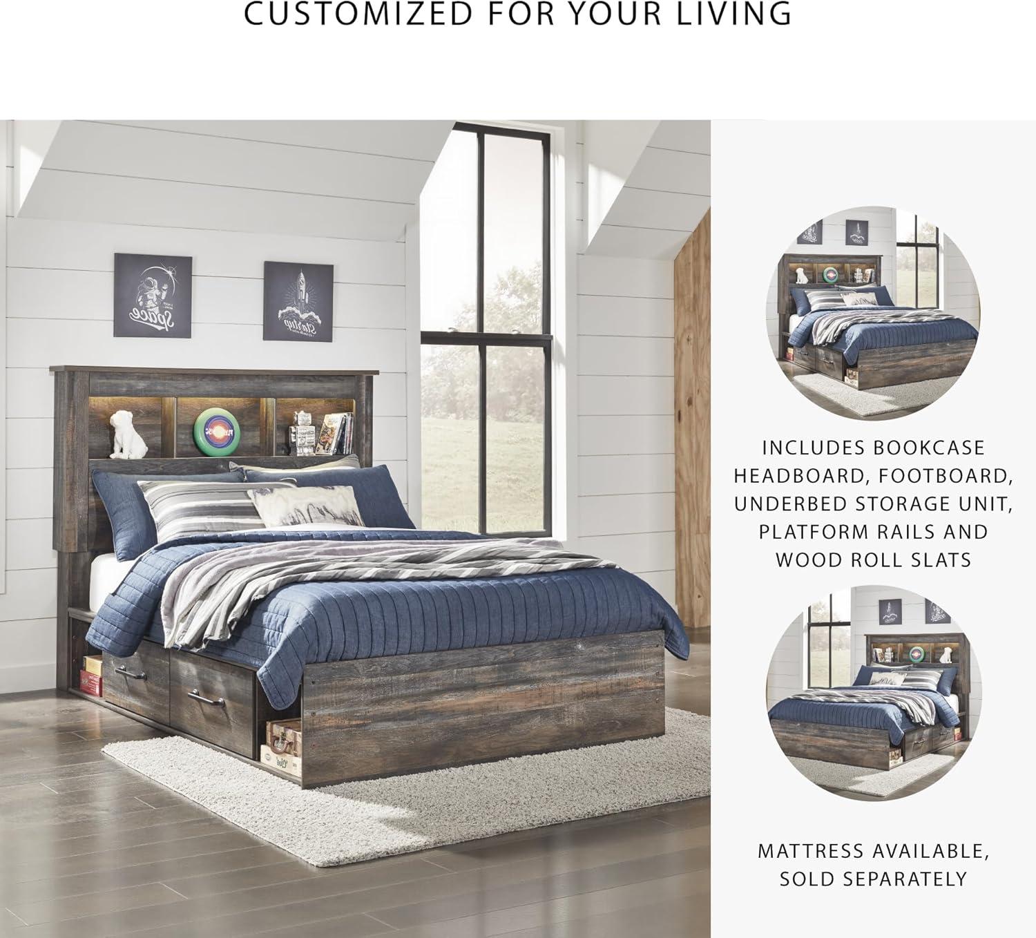 imageSignature Design by Ashley Drystan Rustic Full Bookcase Bed with 2 Storage Drawers and LED Light Foundation or Box Spring Needed Dark Brown amp GrayFull